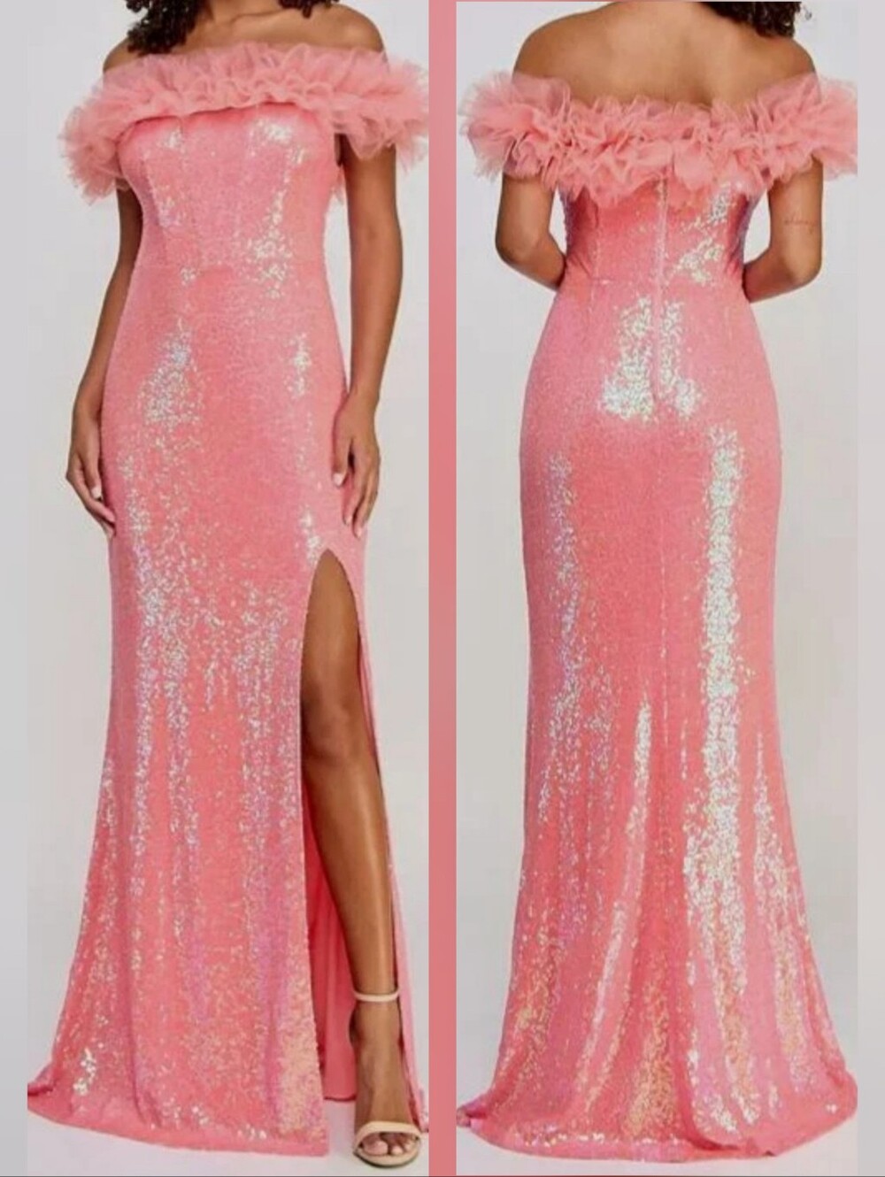 Pear Culture Bubble Gum Pink Sequin Maxi Dress with Ruffled Trim